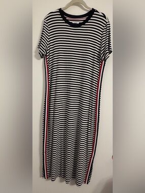 Tommy Hilfiger Navy & White Striped Midi Dress with Red Side Stripes. Sz.XL